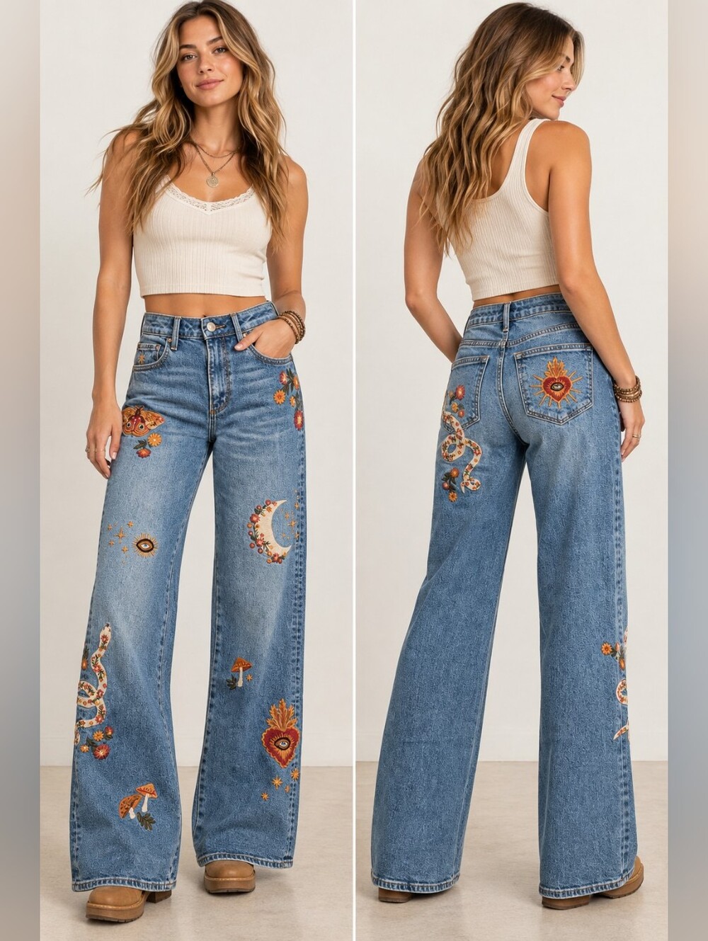 Driftwood Charlee Hallucination Embroidered Wide Leg Jeans Size 24